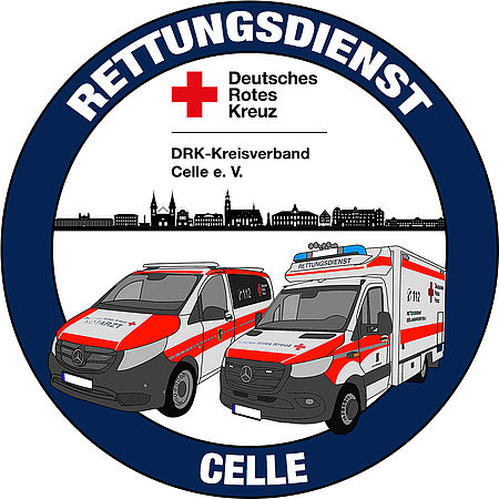 Grafisches Logo des Rettungsdienstes Celle mit der Stadt-Silhouette und zwei Fahrzeugen für den Notfalleinsatz.